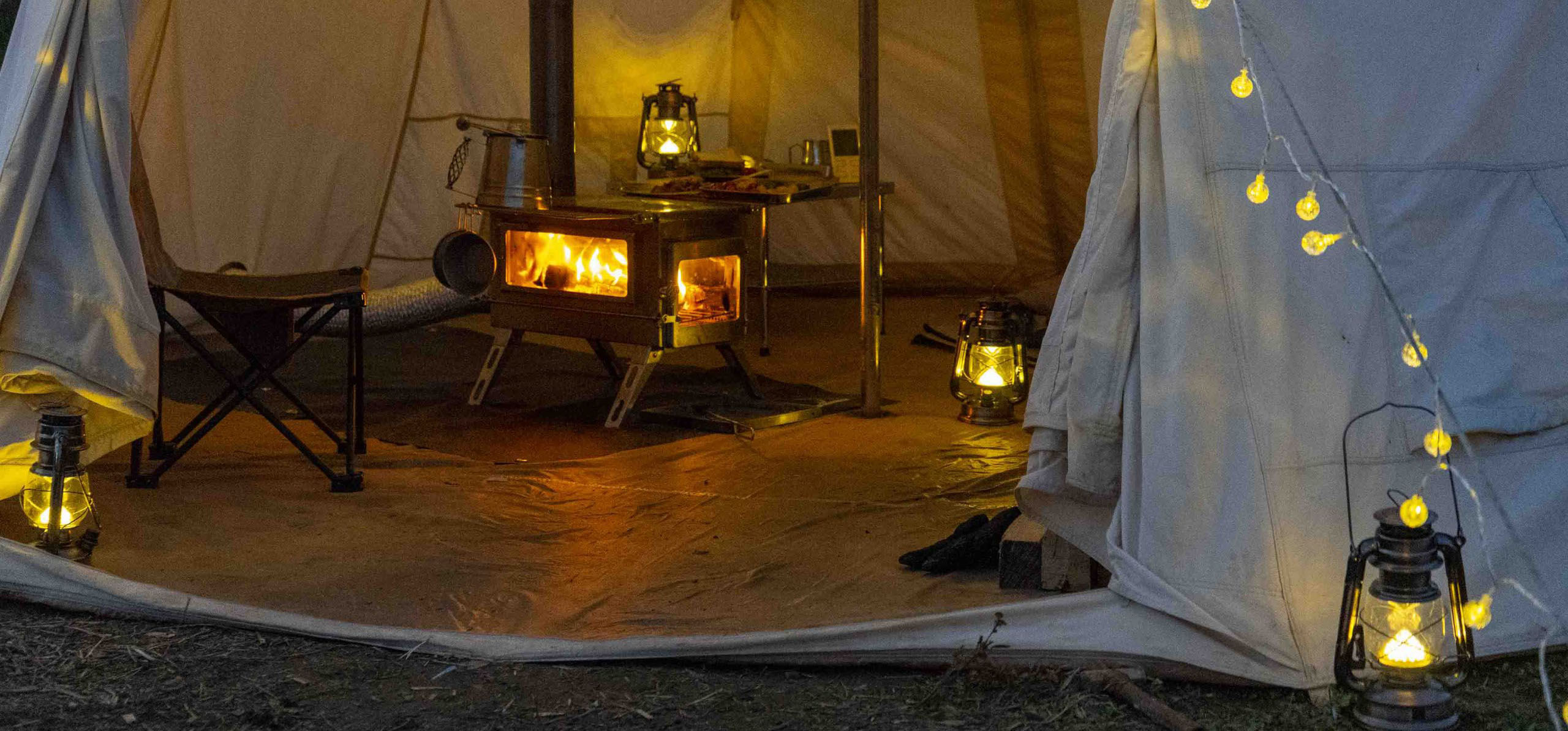 Wood stove in tent